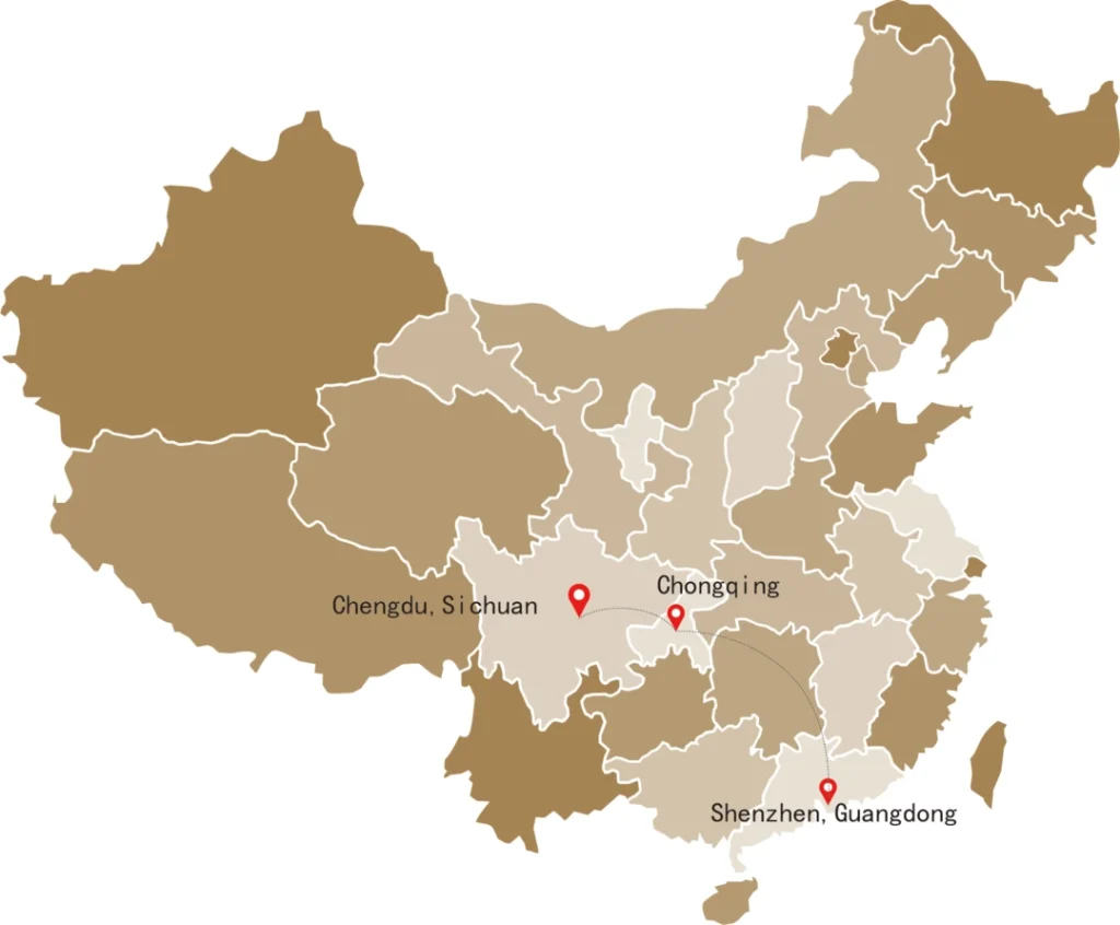 China branch office locations map showing Chengdu, Chongqing and Shenzhen